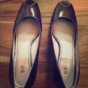 B.P. chocolate brown patent leather peep toe heels